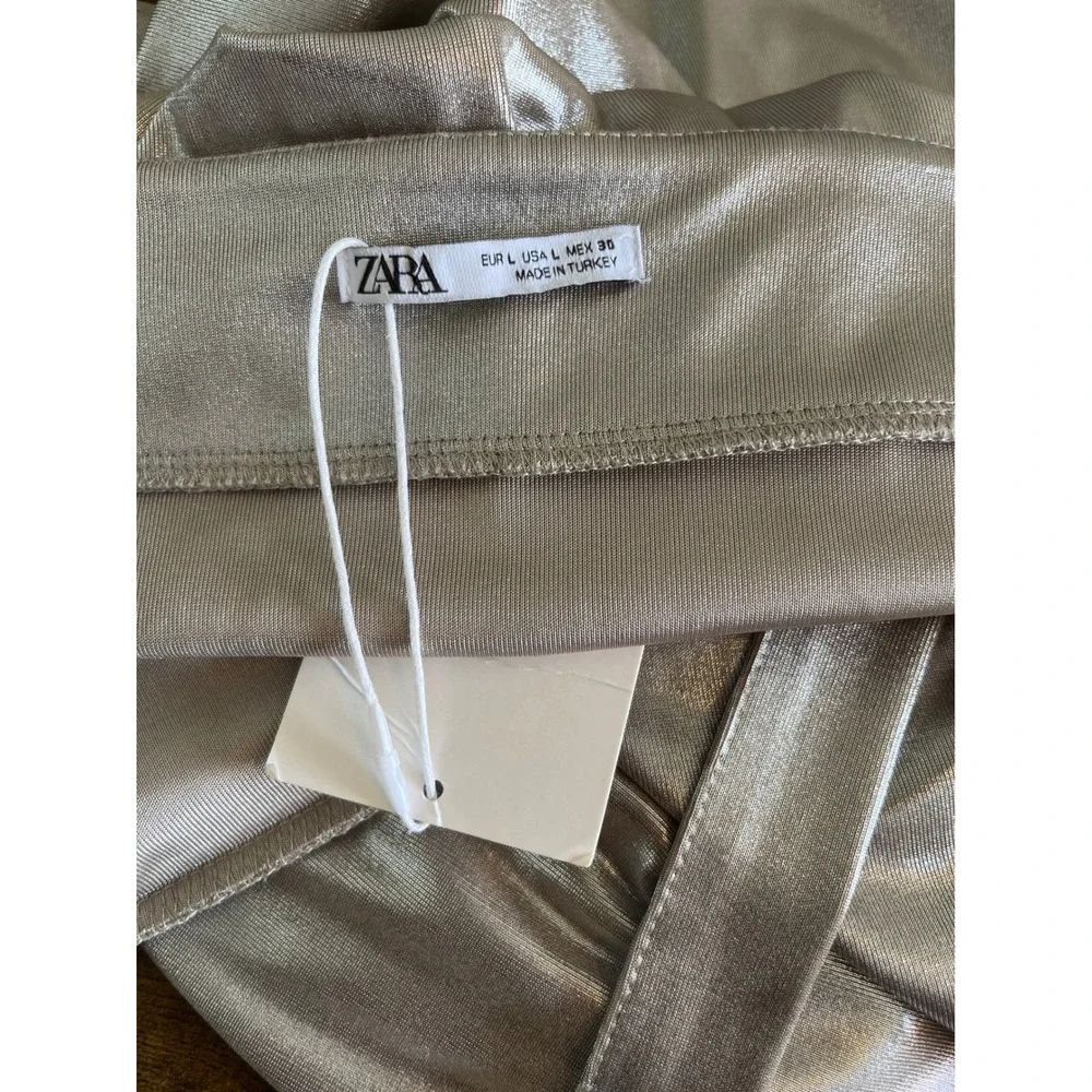 Zara Skirt Faux Wrap NWT Midi Large Silver Metallic Side Tie High Rise Glamorous